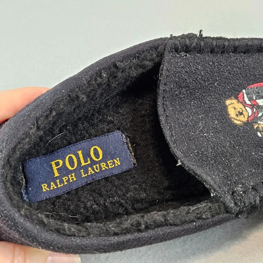 Polo Ralph Lauren Kids Boys Sherpa Lined Slippers Size 13 Loafer Slip-On Bear